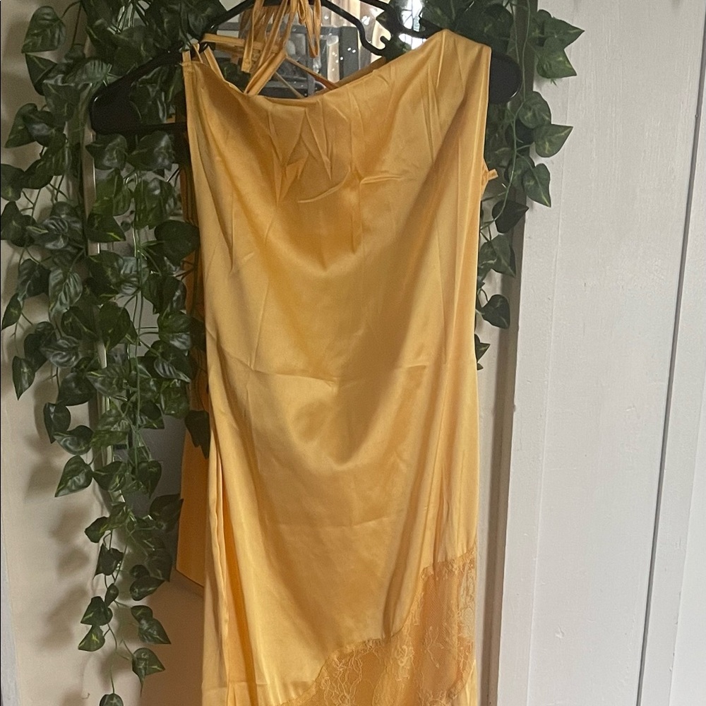 Yellow Satin Maxi Dress with lace detailing!